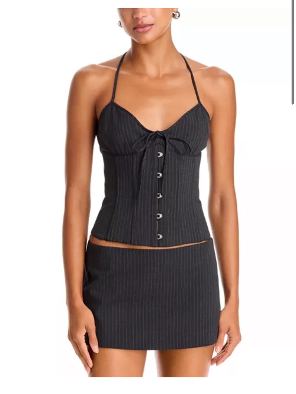 Pinstripe Corset Halter Top and Mini Skirt Set - Black